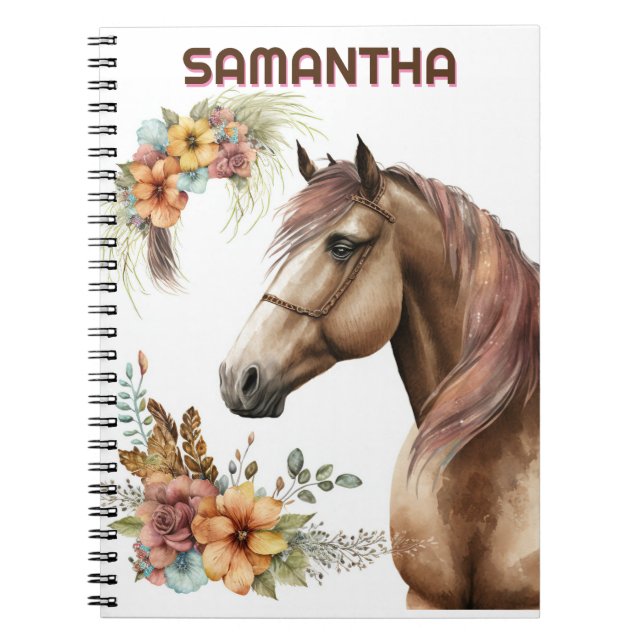 Carnet Cheval d'aquarelle avec fleurs de bouquet fleuri (Devant)