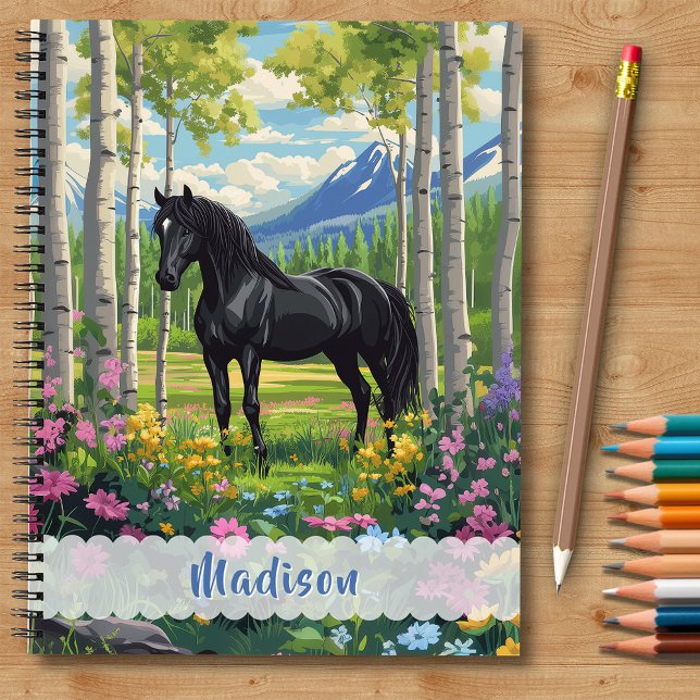 Carnet Cheval Noir Fleurs Filles Rose Violet Enfants (Black Horse Wildflower Aspens Pink Purple Flora Notebook - Personalize name and gift message.)