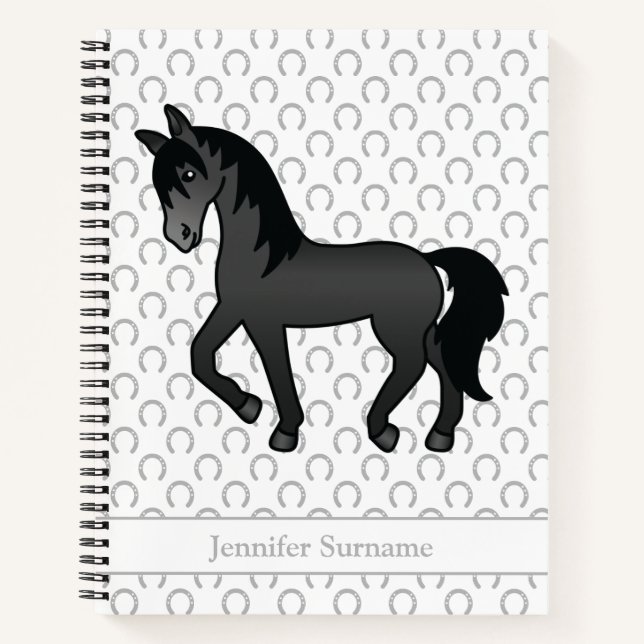 Carnet Cheval noir trottant de dessin animé & texte perso (Devant)