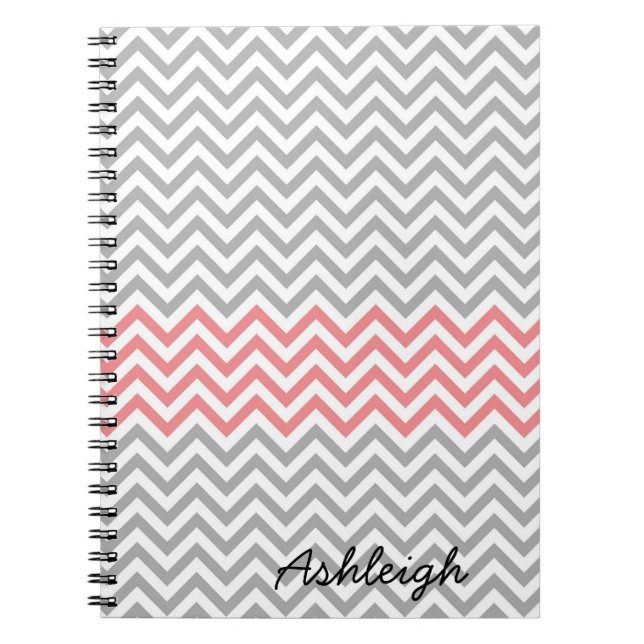 Carnet Chevron gris, blanc et corail (Devant)