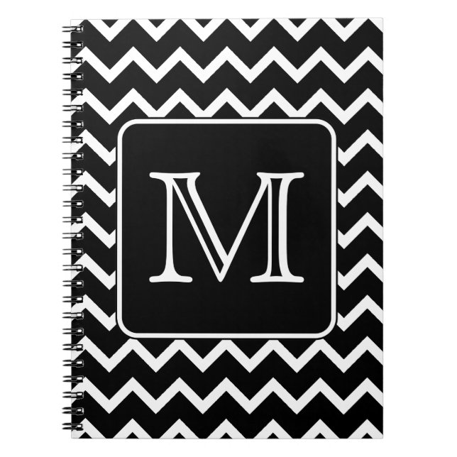 Carnet Chevron noir et blanc avec le monogramme fait sur (Devant)