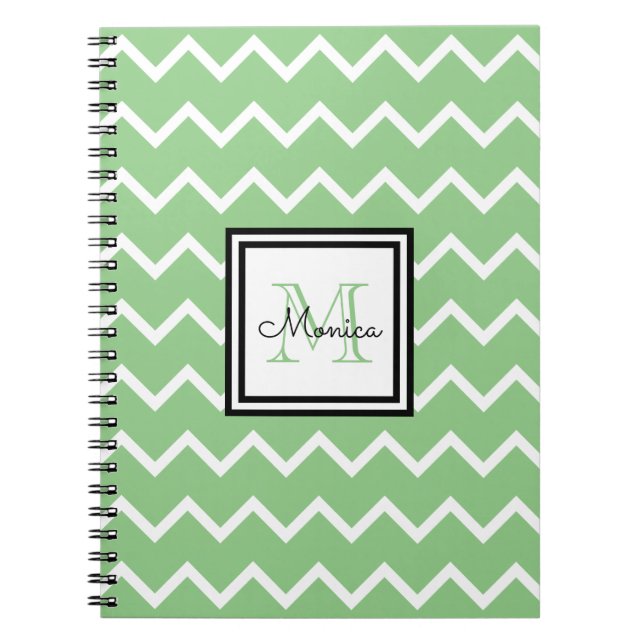 Carnet Chevron Vert Sage Moderne Avec Nom Monogramme (Devant)