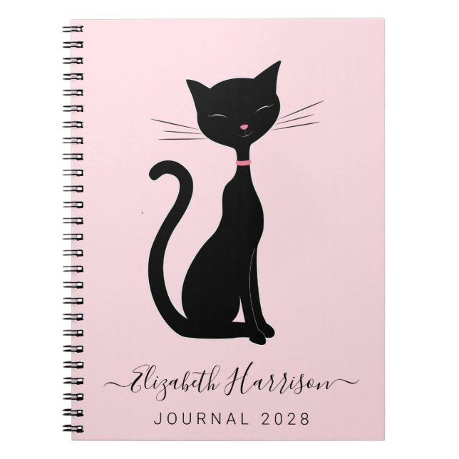 Carnet Chic Chat Noir Personnalisé Rose (Devant)