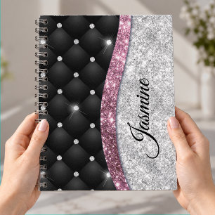 Carnet Chic fille faux paillettes argent noir rose monogr