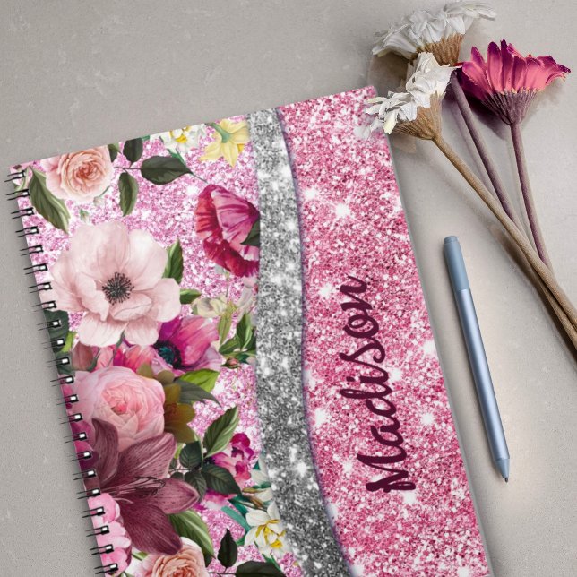 Carnet Chic floral glittery Purple rose argent monogramme (Créateur téléchargé)