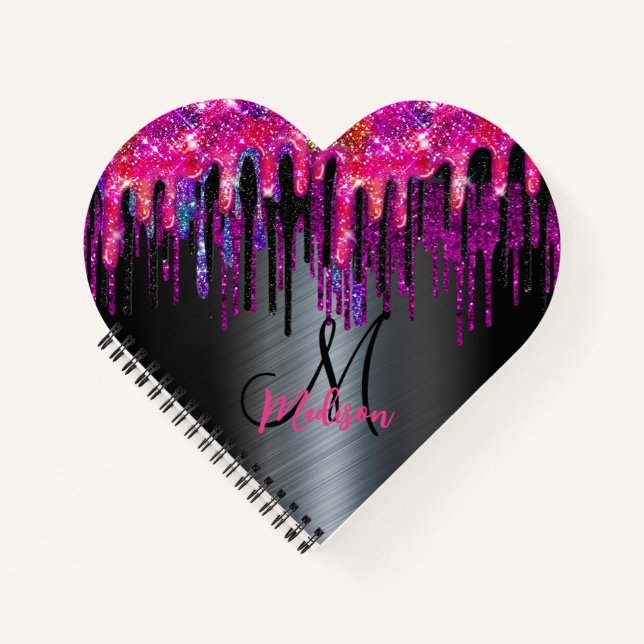 Carnet Chic noir rose chaud gouttes bleu monogramme (Devant)