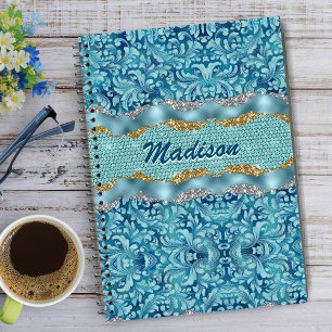 Carnet Chic paillettes floral or monogramme turquoise sar