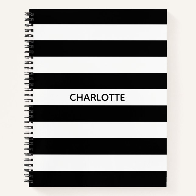 Carnet Chic rayures noir et blanc nom personnalisé monogr (Devant)