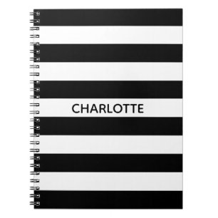 Carnet Chic rayures noir et blanc nom personnalisé monogr