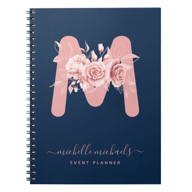 Carnet Chic Rose Gold Navy Floral Aquarelle Monogramme (Devant)