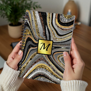 Carnet Chic Sparkle Glitter marble art grey gold monogram