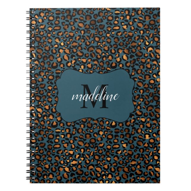 Carnet Chic tendance léopard Motif Monogramme Nom Spiral (Devant)