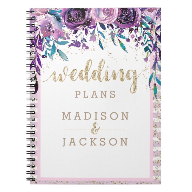 Carnet Chic violet Wedding planner d'or champagne Floral (Devant)