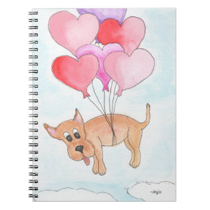 Carnet Chien flottant avec ballons en forme de cœur