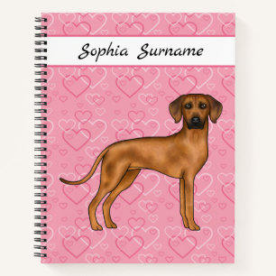 Carnet Chien Rhodesian Ridgeback sur cœurs roses avec tex
