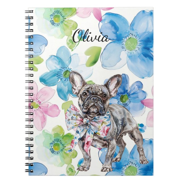 Carnet Chien rose bleu floral Bow personnalisé (Devant)