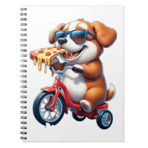 Carnet chiot à vélo mangeant de la pizza