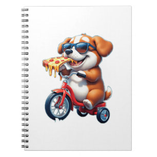 Carnet chiot à vélo mangeant une pizza