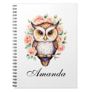 Carnet Chouette aquarelle mignonne et roses feuillues