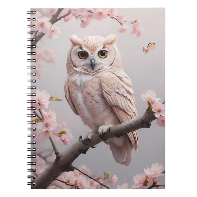 Carnet Chouette aux fleurs de cerises roses (Devant)