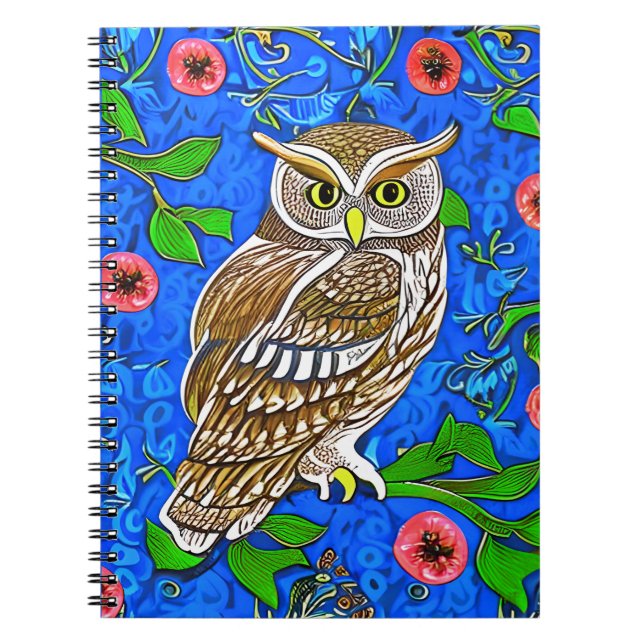 Carnet Chouette inspirée de l'Art Nouveau, Brown sur Bleu (Devant)