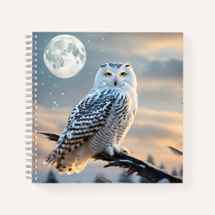 Carnet Chouette neigeuse en hiver au clair de lune avec c