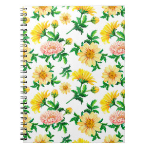 Carnet Chrysanthèmes aquarelle. Fleurs jaunes avec gre