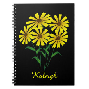 Carnet Cinq Fleurs Jaunes sur Noir Personnalisé