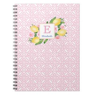 Carnet Citrons D'Agrumes Rose Et Blanc Fille Monogramme