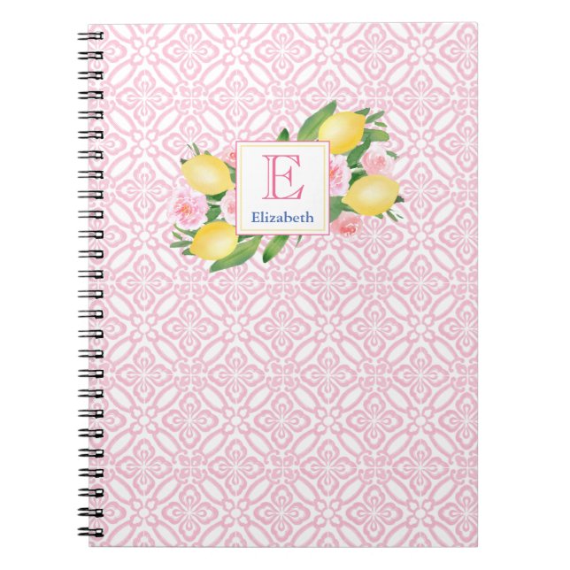 Carnet Citrons D'Agrumes Rose Et Blanc Fille Monogramme (Devant)