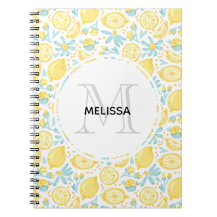 Carnet Citrons jaunes et fleurs bleues pastel Nom du mono