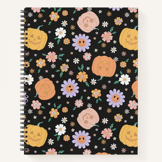 Carnet Citrouilles d'Halloween rétro et Motif de fleurs (Devant)