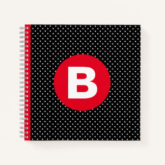 Carnet Classique pois noir et blanc avec monogramme rouge