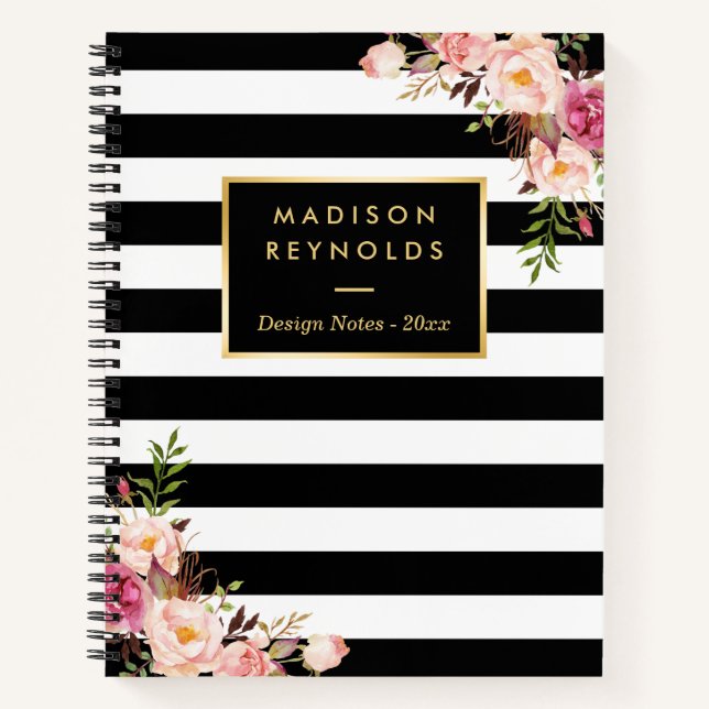 Carnet Classy Black White Stripes Floral Notes personnell (Devant)
