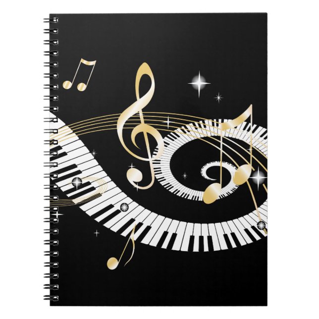 Carnet Clés de piano et notes d'or de musique (Devant)