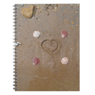 Carnet coeur dans le sable avec coquillages