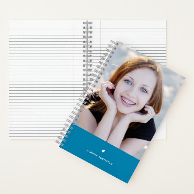 Carnet Coeur et photo turquoise tendance avec nom (À l'intérieur)