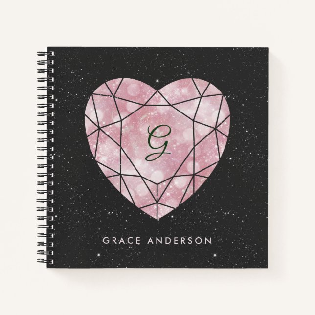 Carnet Coeur Galaxy | Monogramme géométrique noir et blan (Devant)