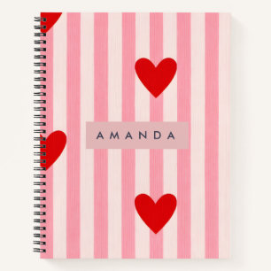 Carnet Cœur Rouge Ludique Personnalisé & Rayure Rose
