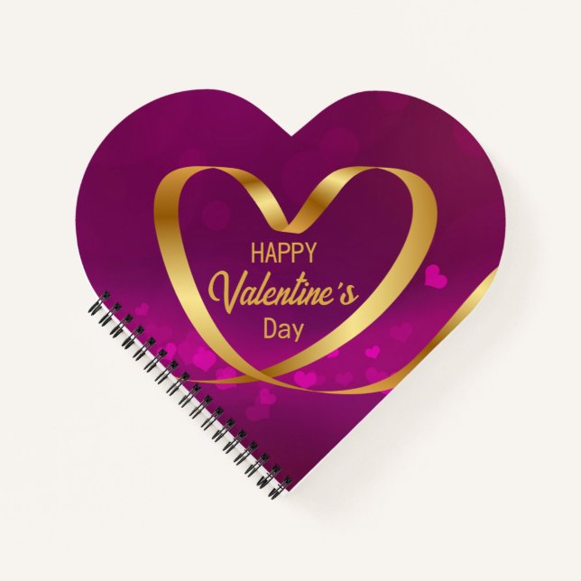 Carnet Coeur Ruban Or Heureuse Sainte-Valentin pourpre (Devant)