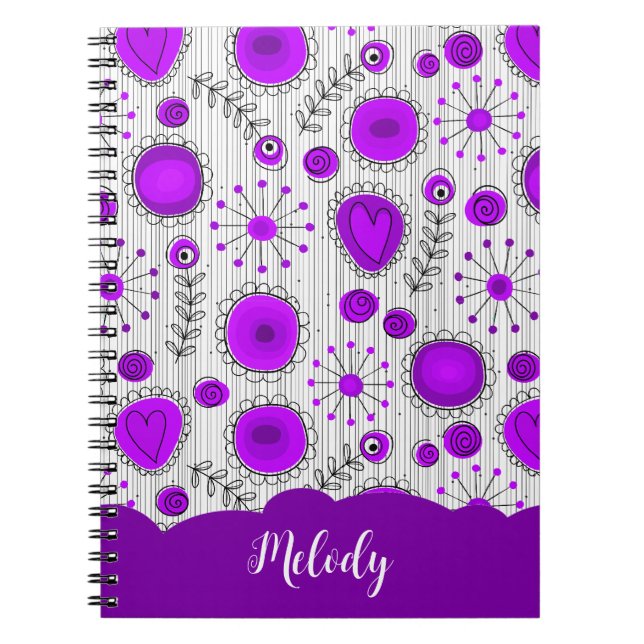 Carnet Coeurs blancs violet blanc Whimsical fleurs nom fl (Devant)