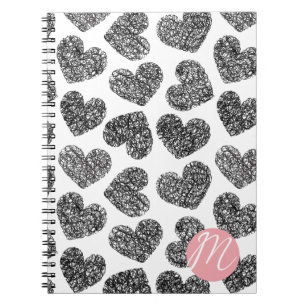 Carnet Coeurs de Doodle Noir et Blanc modernes Monogramme