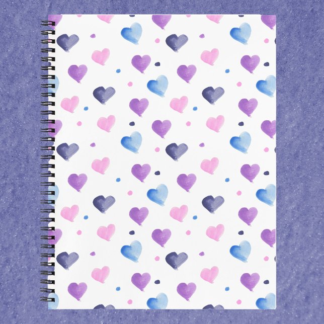 Carnet Coeurs et points Aquarelle rose bleu pourpre (A notebook with a pink, blue and purple watercolor heart pattern)