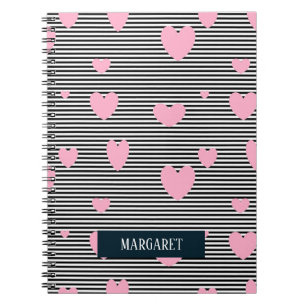 Carnet Coeurs et rayures roses personnalisés