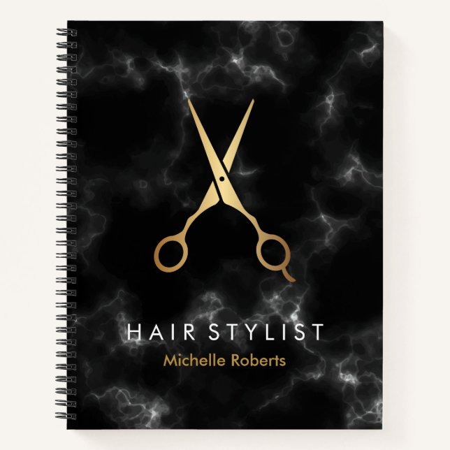 Carnet Coiffeuse en marbre d'or noir personnalisée (Devant)