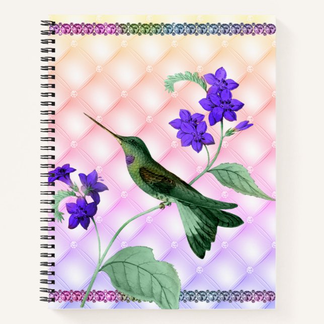 Carnet Colibri vert sur tige de fleurs violettes Deluxe (Devant)