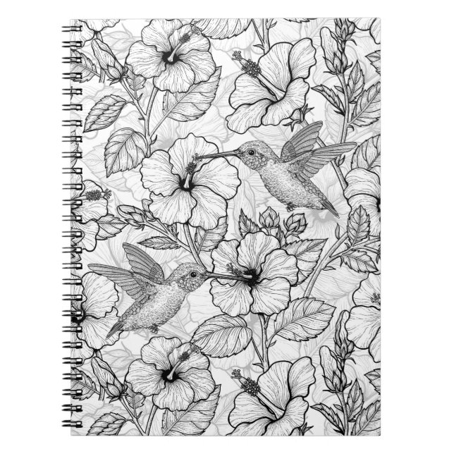 Carnet Colibris et fleurs d'hibiscus b&w (Devant)