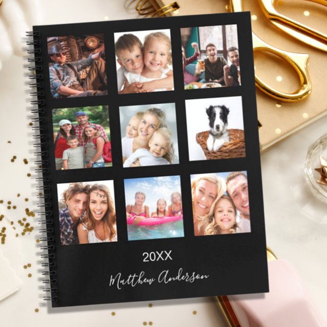Carnet Collage de photos personnalisé noir monogramme mod (Créateur téléchargé)