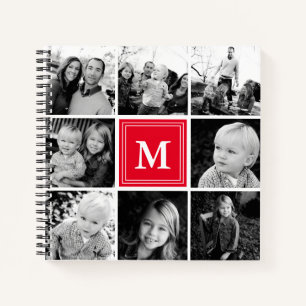 Carnet Collage photo carré personnalisé monogramme rouge
