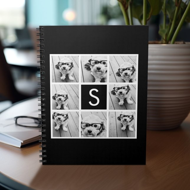 Carnet Collage photo noir et blanc Monogramme personnalis (Personalized notebook - add photos and custom text)